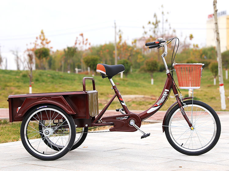 中老年脚踏三轮车轻便小型三轮自行车脚蹬人力车酒红色70斗正新轮胎