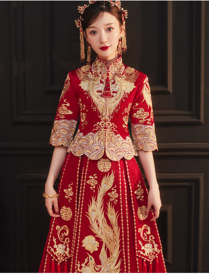 新娘结婚中式嫁衣婚纱礼服修身显瘦春季女敬酒服深红色凤祥云中袖s
