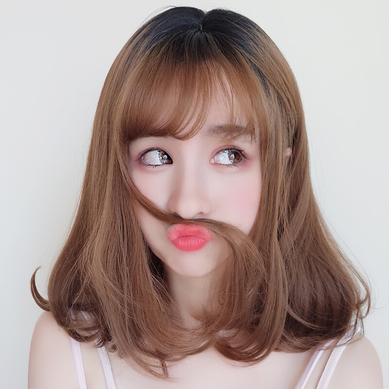 假发女梨花头空气齐刘海内扣自然逼真修脸微卷假发套浅棕色5件套