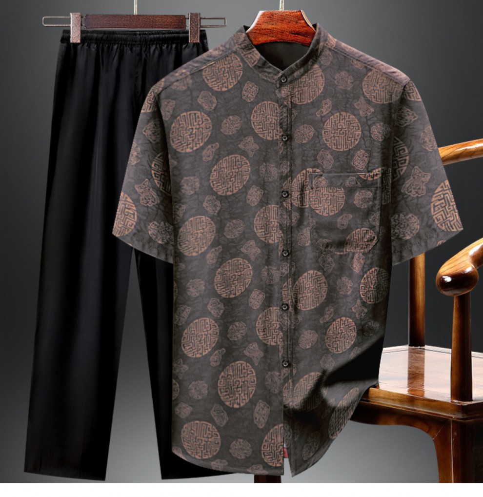 男装香云纱男装夏季短袖衬衫真丝绸男中老年爸爸夏装老人爷爷衣服红色