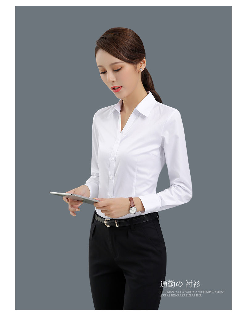 女新款职业装长袖修身商务正装上班工作服西装打底衬衣白色白色v领