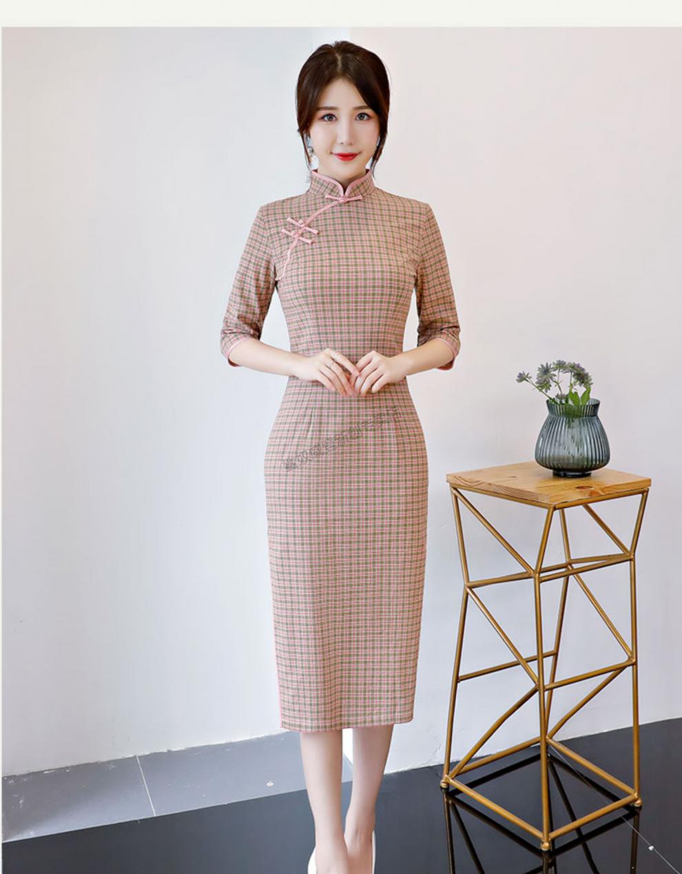 旗袍春季新款黑白格子旗袍日常改良连衣裙小清新文艺2021中袖长款