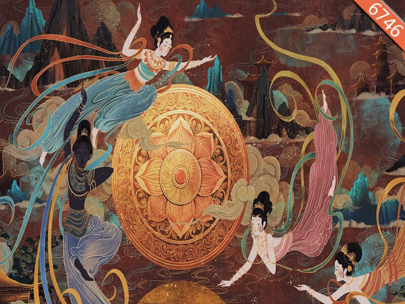 3d立体古装拍照背景布异域飞天复古喷绘背景敦煌莫高窟古装拍照直播