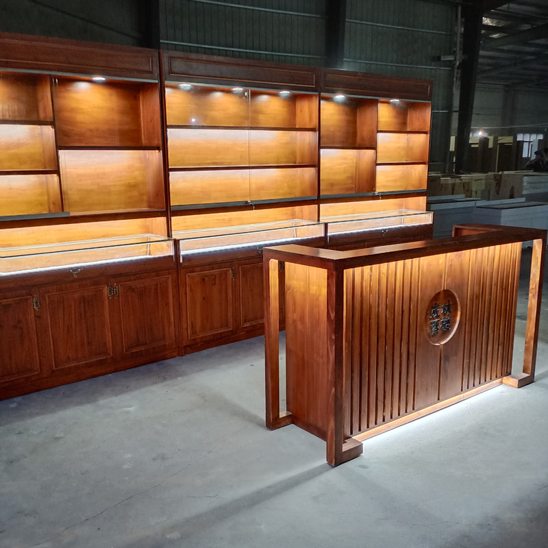 玻璃展柜实木珠宝展示柜古董店玻璃高柜玉器陈列柜中式定制复古饰品