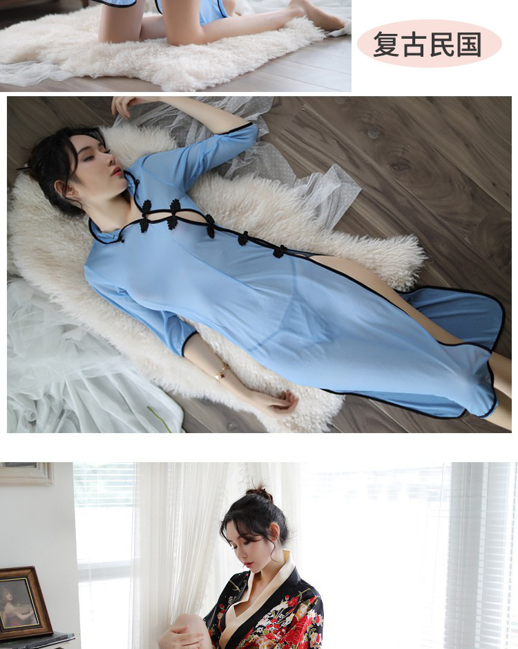 爱如如女性感睡衣制服诱惑吊带丝袜丁字裤sm用品透明开裆大码旗袍套装