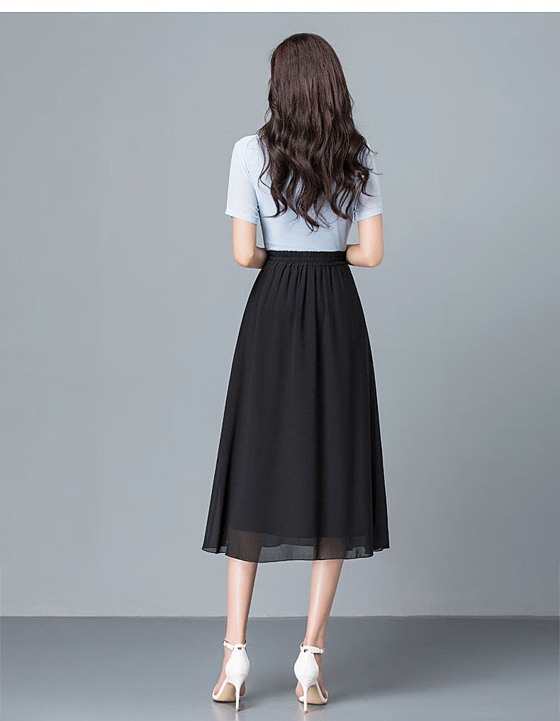 gyeih双层雪纺半身裙女夏季新款中长款裙子垂感a字裙高腰显瘦伞裙藏