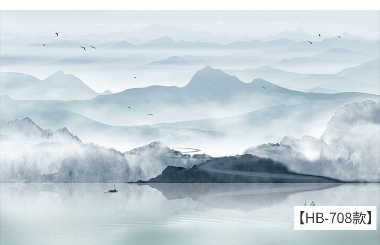 新中式简约现代意境水墨山水电视背景墙墙纸壁画沙发壁纸无缝墙布宫廷