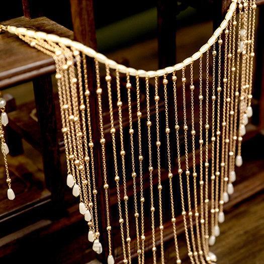 面帘古风遮脸儿童汉服面具珍珠流苏挂耳面纱女童头饰女孩古装配饰 金