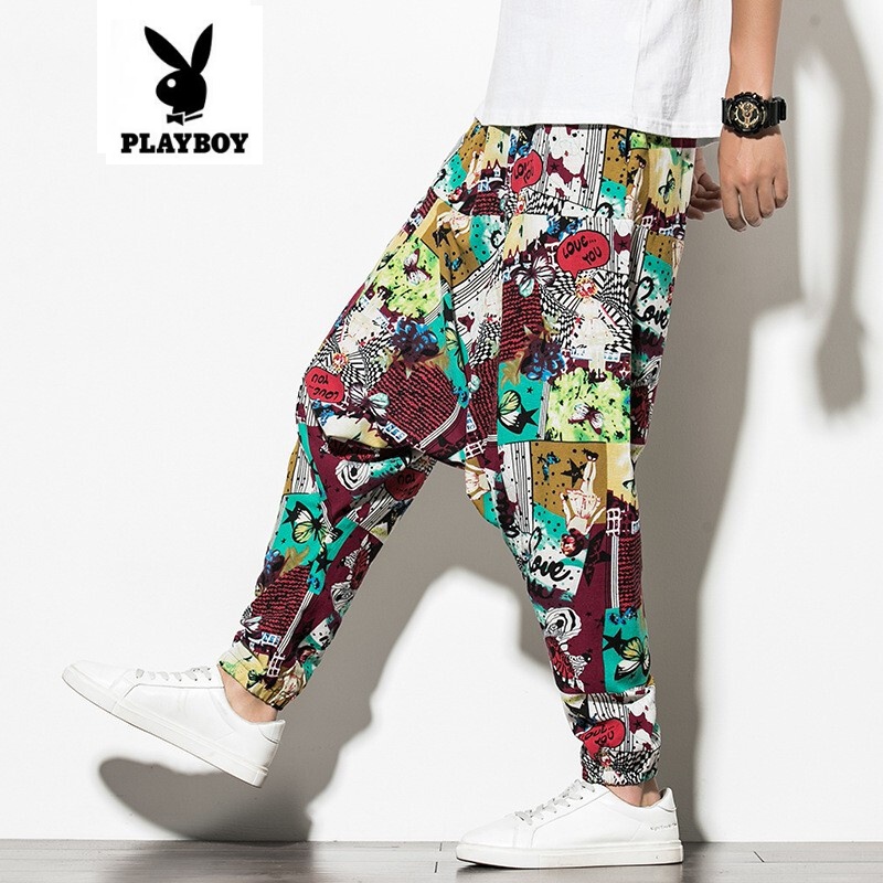 花花公子playboy2021夏季中国风印花束脚男士薄款九分裤棉麻休闲嘻哈