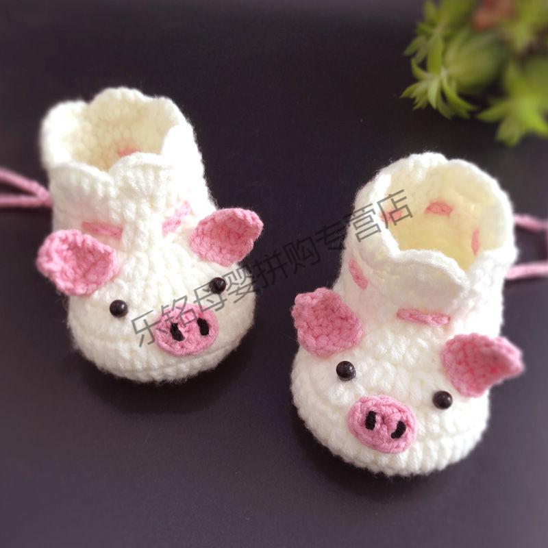 秋冬款可爱小猪婴儿鞋子手工编织宝宝鞋新生儿棉线毛线鞋袜红色02月