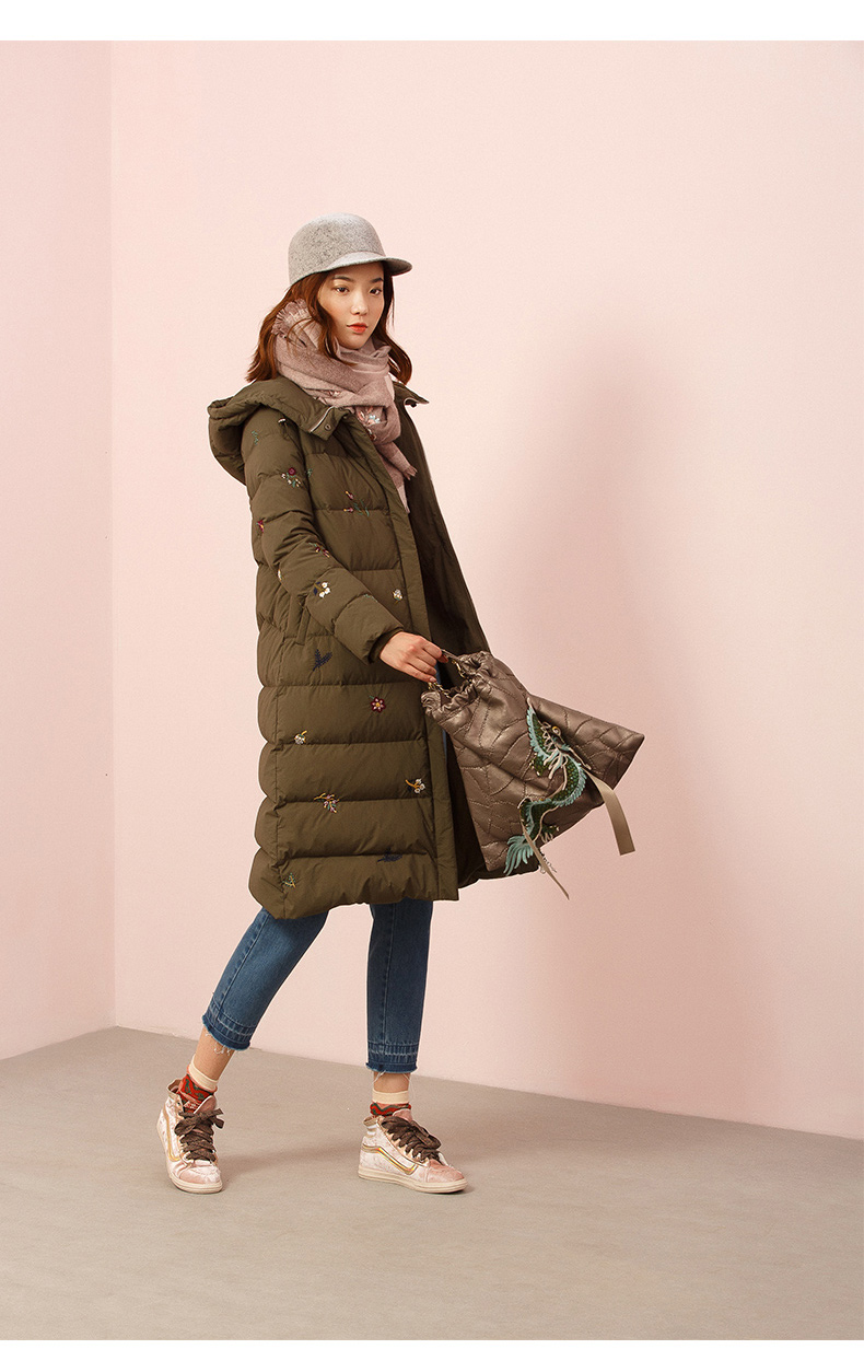 渔牌羽绒服2020年新款女装小个子中长款连帽保暖羽绒外套 暗红 160