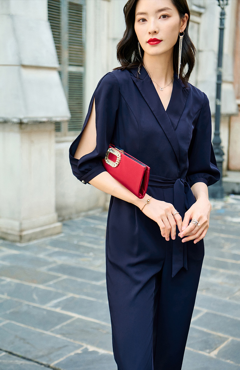 fleurwood连体裤女夏装新款设计感镂空绑带收腰显瘦小脚裤气质蓝色s