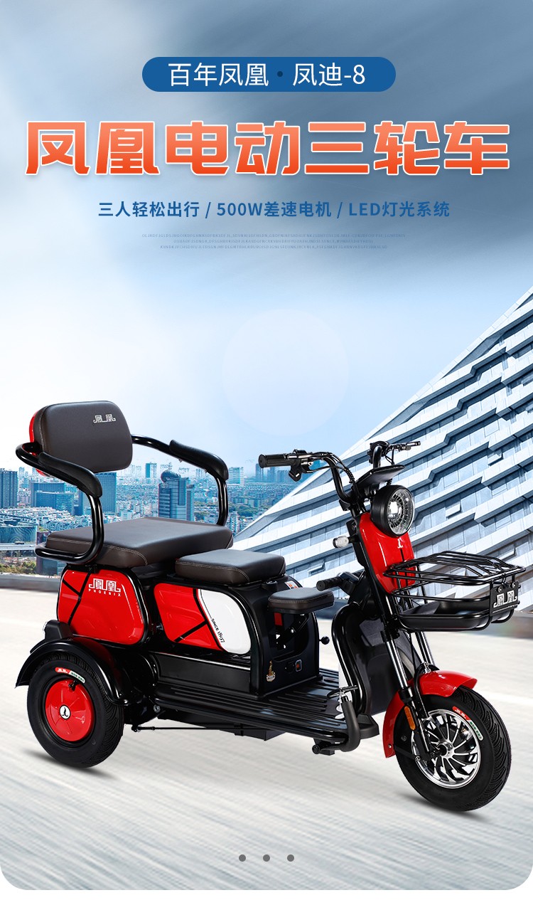 凤凰电动三轮车时尚小型电动车家用接送孩子小巧老人双座三座代步车
