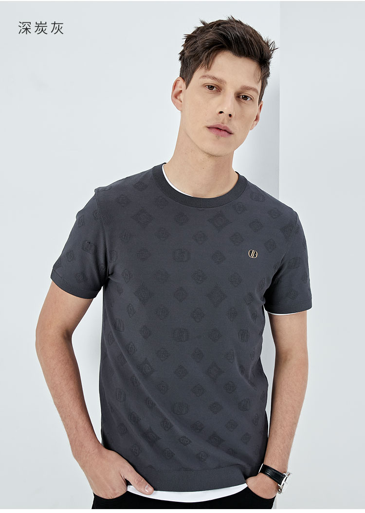 迪柯尼2022春夏季新款高端男装短袖t恤时尚品牌黑金提花冰感针织衫锈