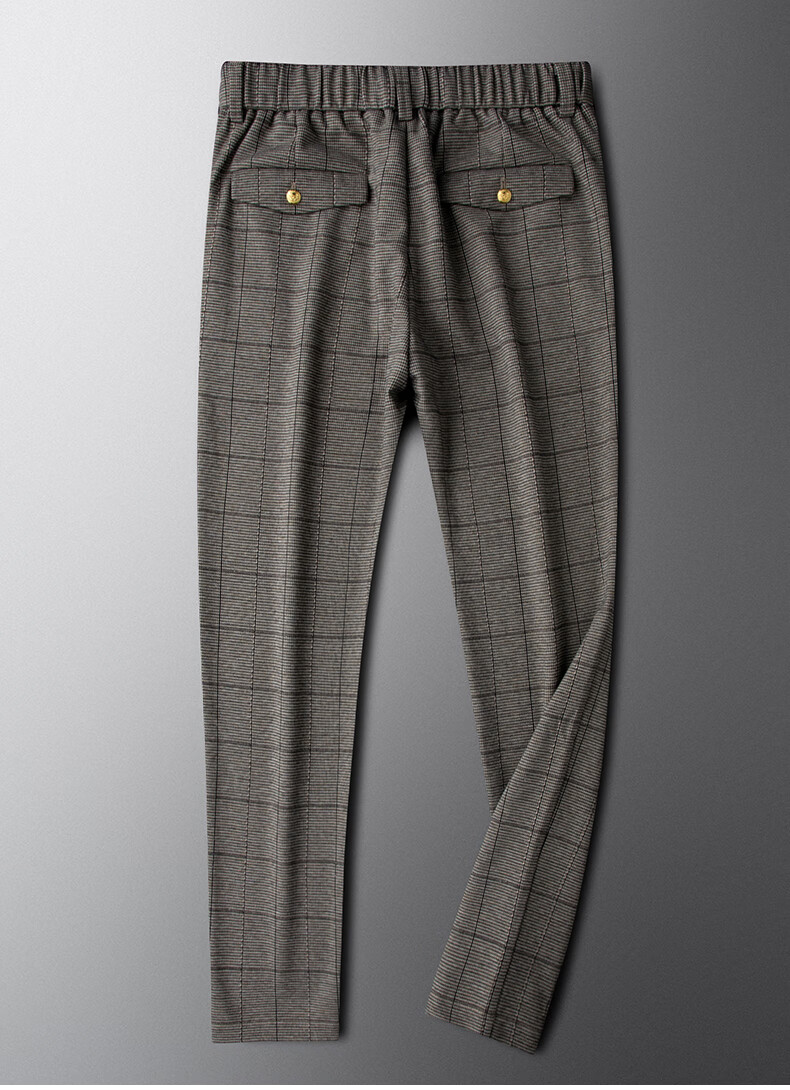 深卡其色格子裤男 新款轻奢徽章休闲裤男修身小脚时尚百搭男士裤子