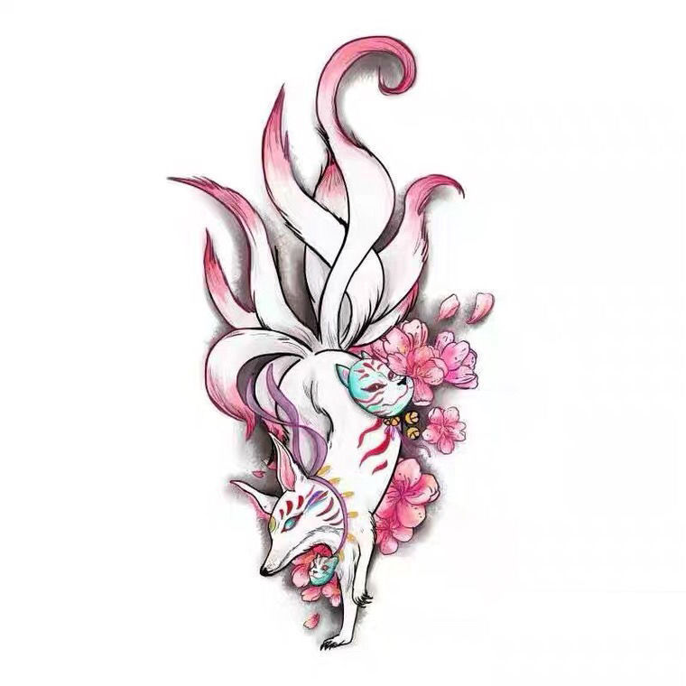 抖芊 纹身贴不掉色纹身贴九尾狐狸情侣防水女性感遮疤仿真胸部手腕脚