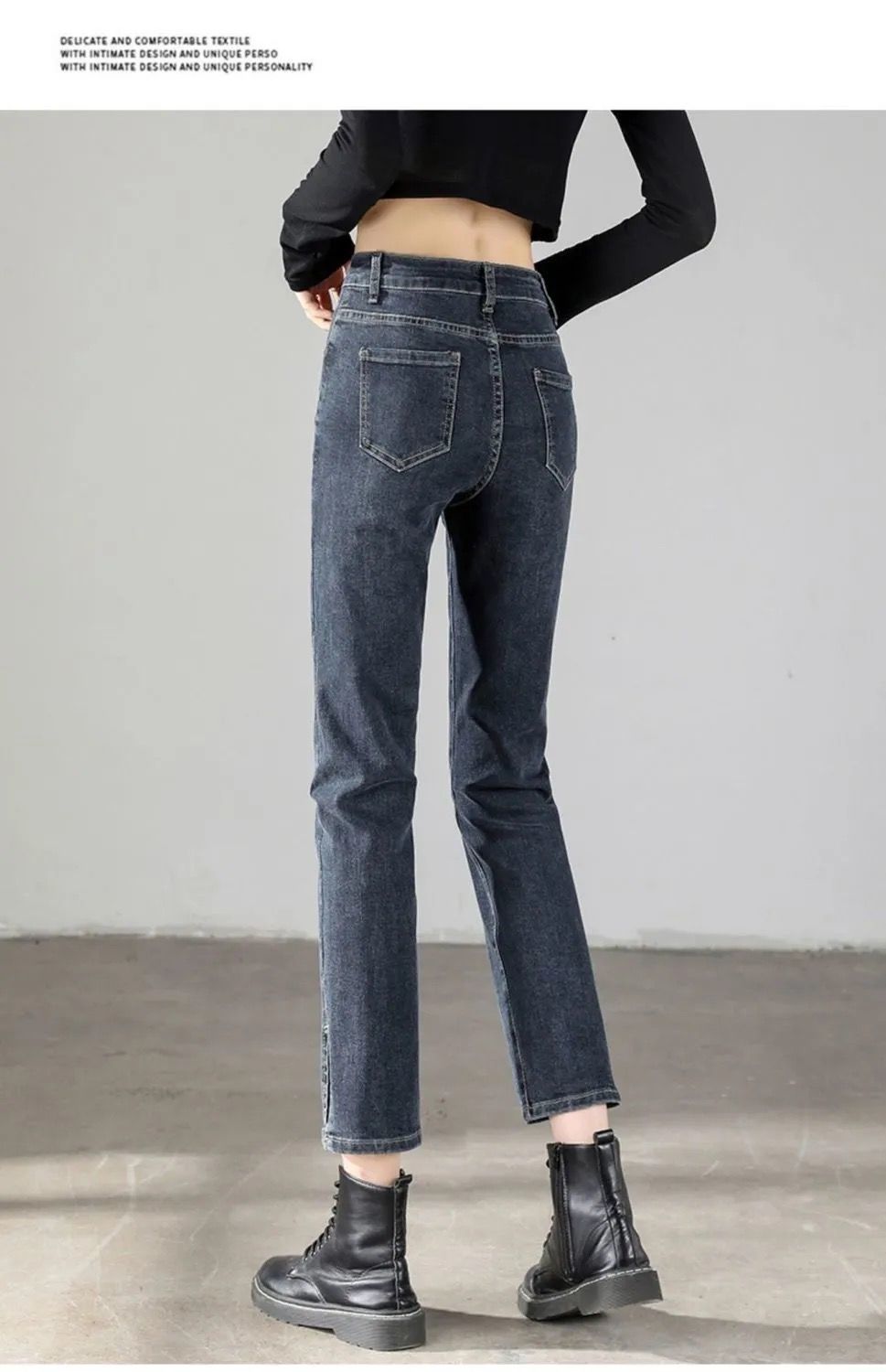 蓝灰色直筒牛仔裤女高腰春夏季新款韩版显瘦百搭开叉分烟管裤柒倪舍