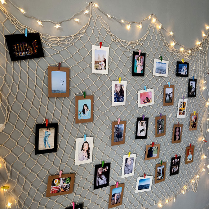 相片墙地中海渔网照片墙2022年新款客厅儿童房ins装饰品网格麻绳墙面