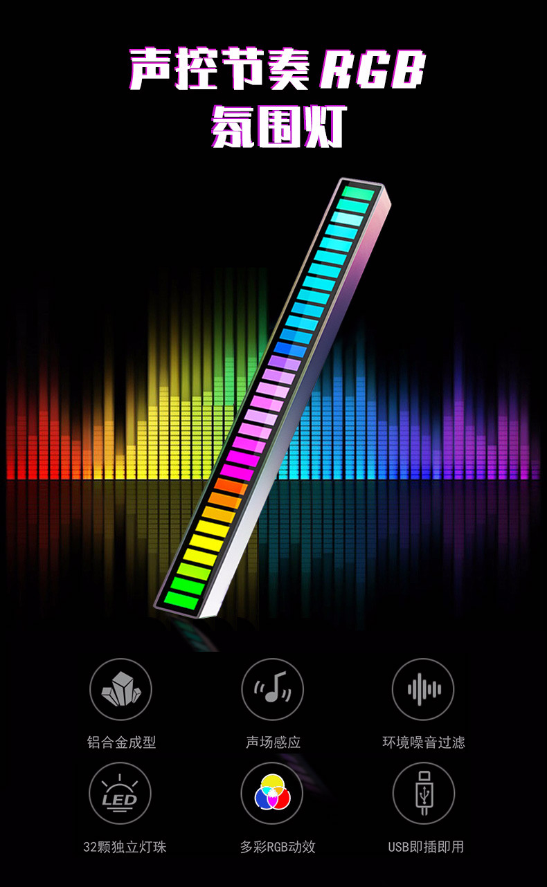 新年礼物rgb声控汽车拾音节奏灯车载氛围灯条炫幻彩光32灯rgb桌面光