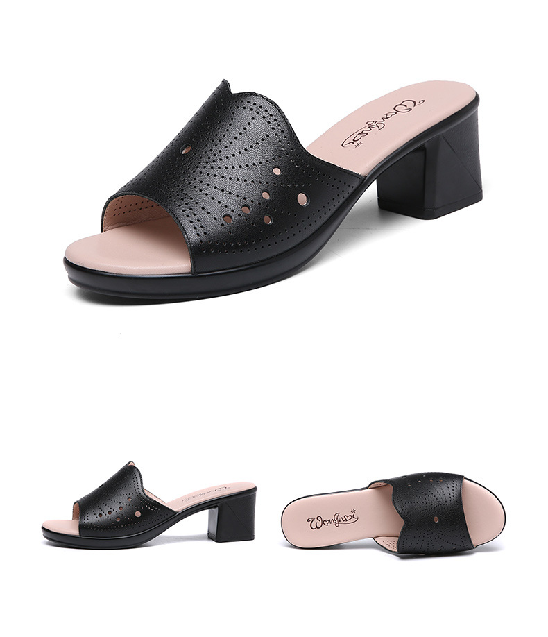 真皮凉拖女夏季镂空透气舒适妈妈拖鞋中年粗跟休闲一字拖外穿 黑色 35