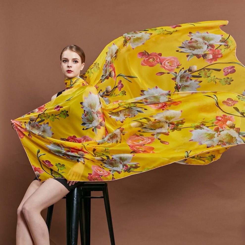 3米x15米丝巾女夏季长款印花沙巾防晒沙滩巾百搭披肩雪纺纱巾橘色大红