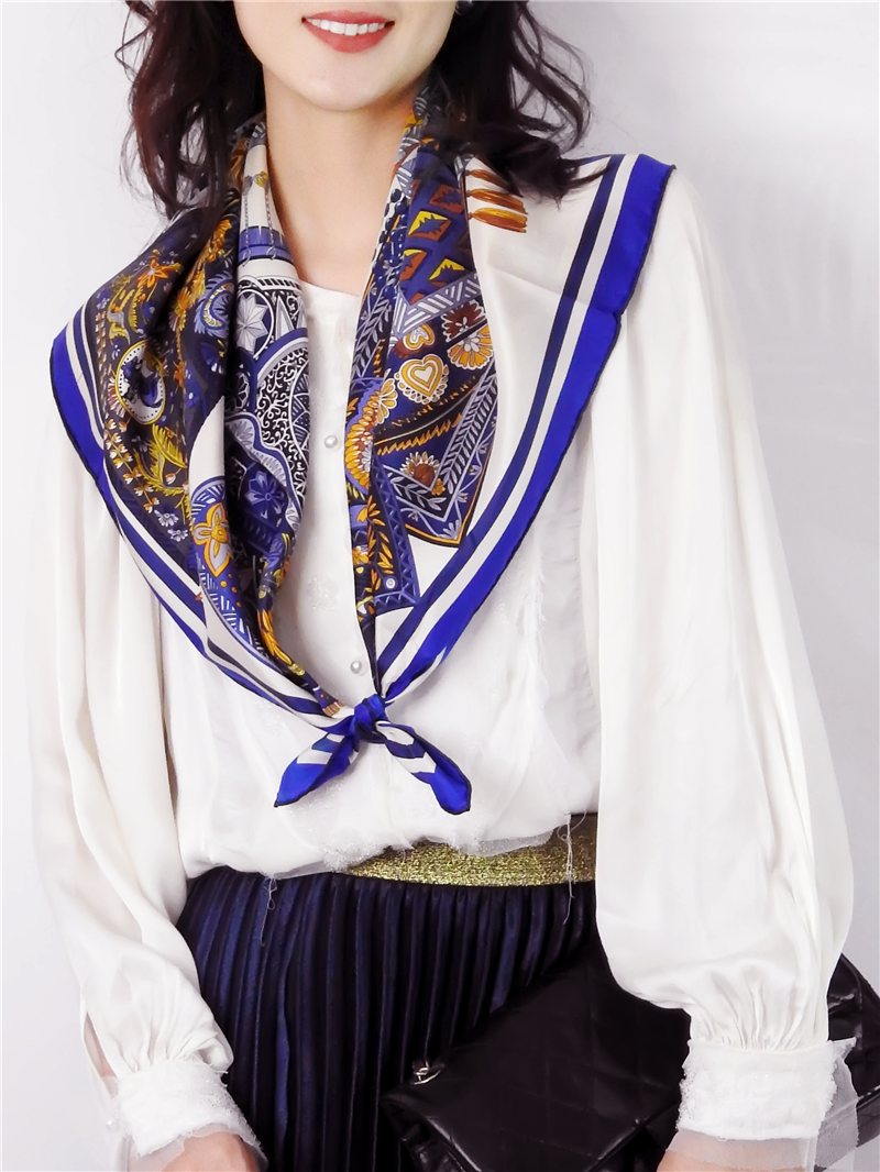 丰紫隅 气质蓝贵族兵符桑蚕丝丝巾真丝围巾大方巾春季款女