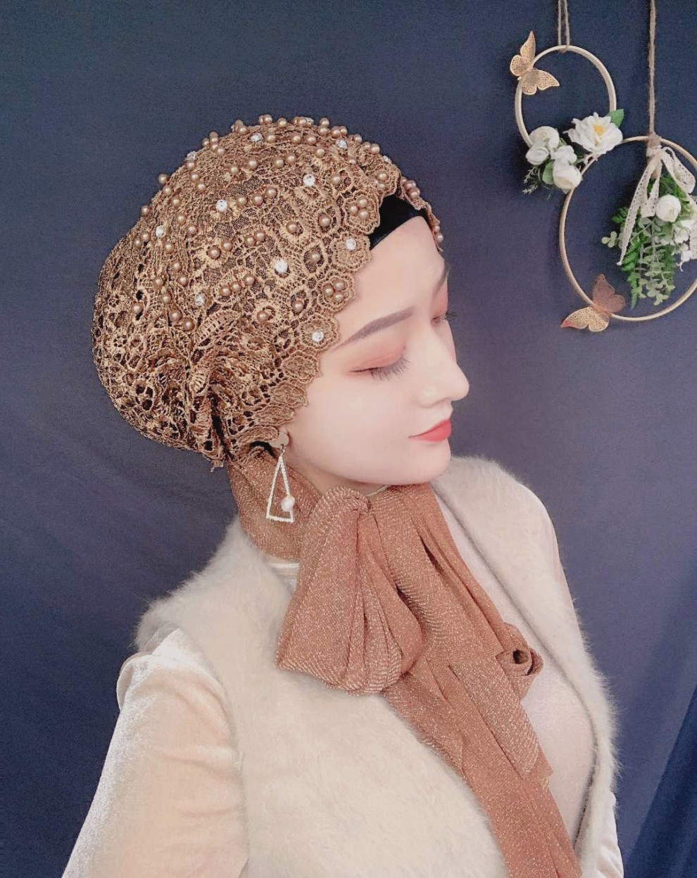 莎巾)回族女人的套头纱巾头巾帽个性蕾丝包头帽绑巾帽帽女穆斯帽子 9