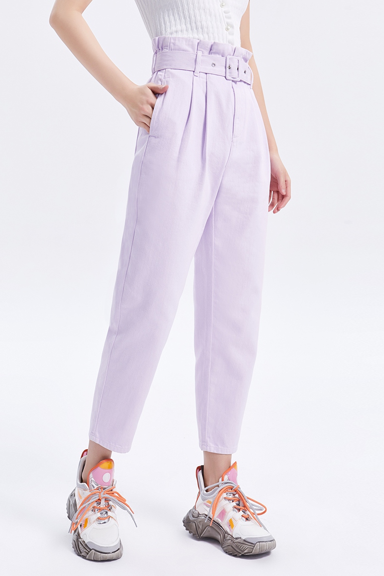 five plus高腰宽松牛仔裤女2021新款女夏装刺绣配腰带休闲长裤 黑色