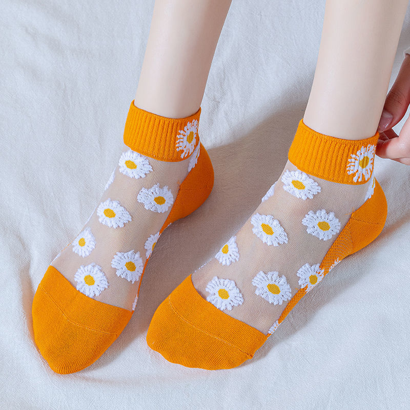 小雏菊袜子女短袜潮夏天季镂空透气女薄款玻璃丝水晶隐形船袜5双蓝色