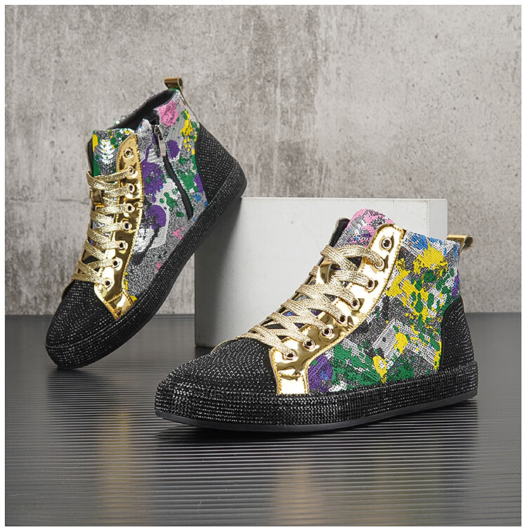 古池楼兰轻奢高端品牌欧洲站满钻鞋男个性印花高帮鞋潮流水钻内增高男