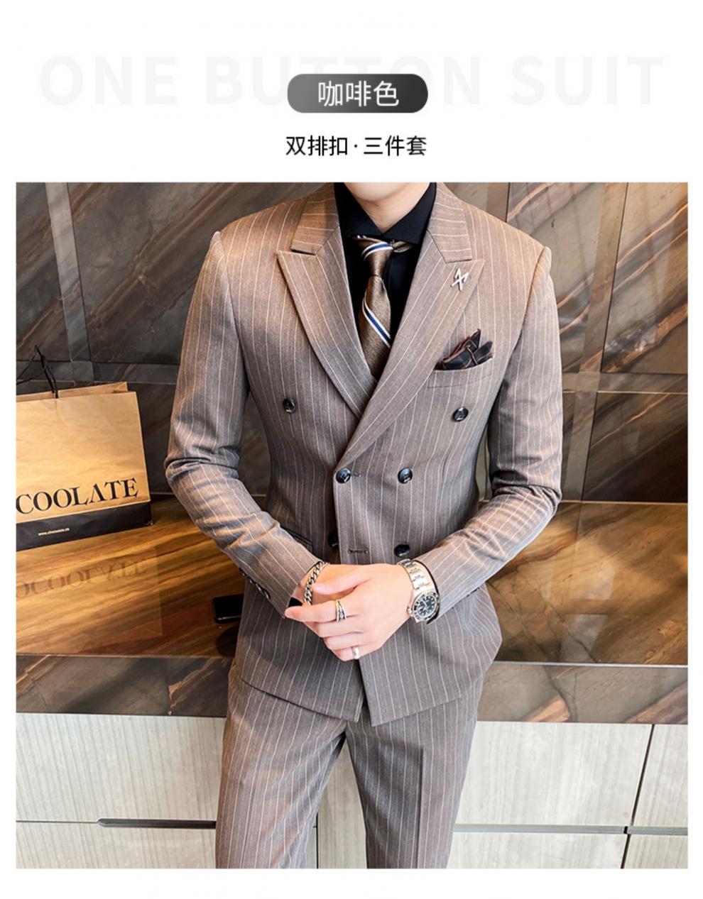 羅蒙romon品牌高端西裝套裝2022新款雙排扣男士結婚新郎婚禮禮服條紋