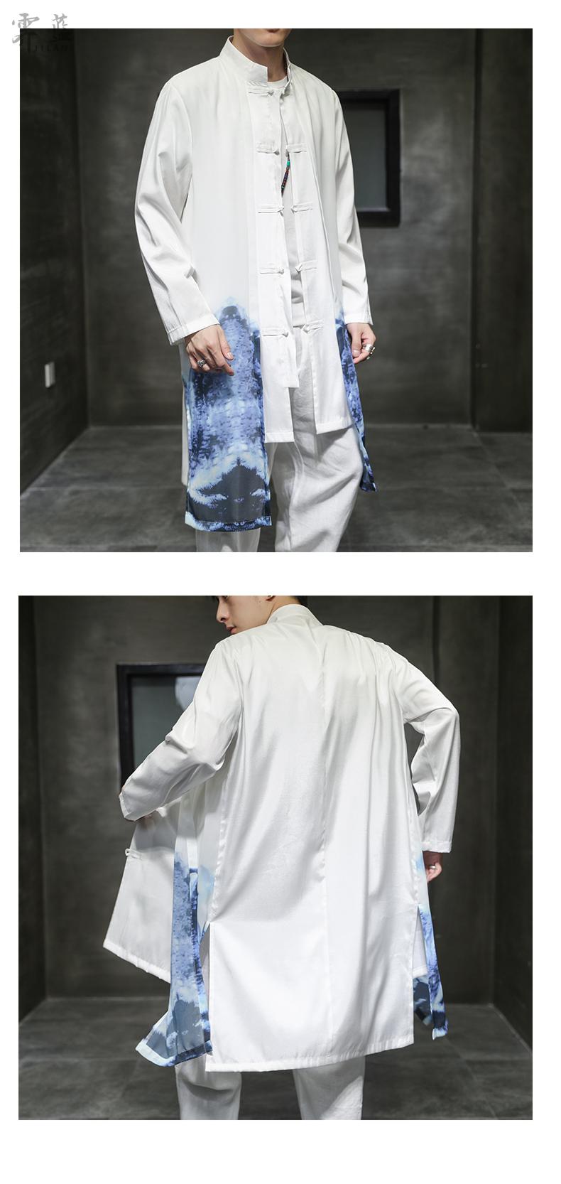 霁蓝高端品牌男装汉服男中青年唐装男盘扣雪纺中长款风衣春夏季中国风