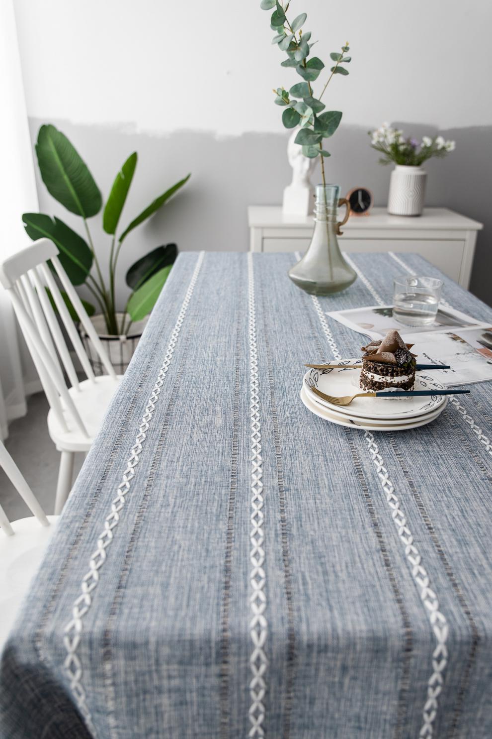 温文雅 餐桌布镂空流苏台布纯色长条纹提花桌布茶几垫棉麻 摩西条纹