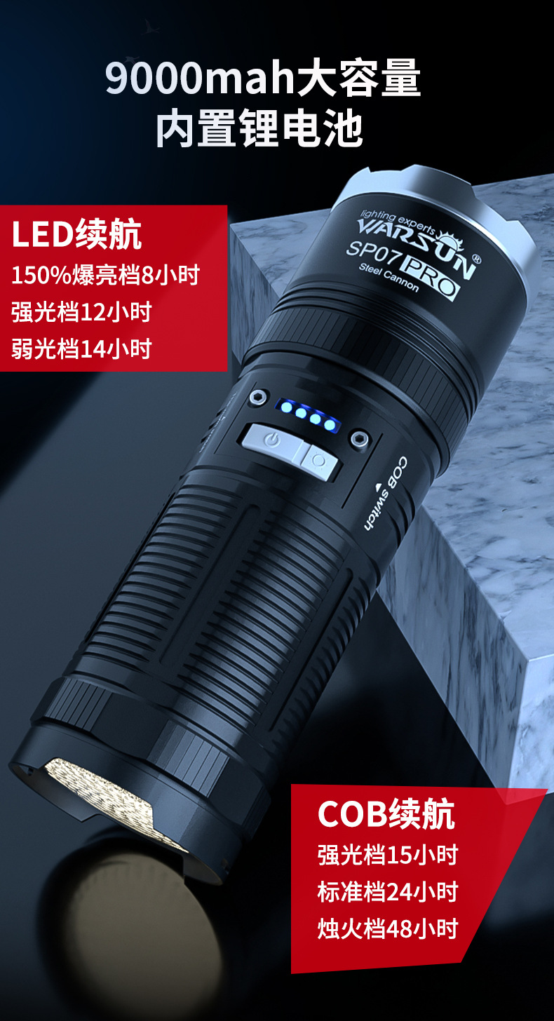 沃尔森 手电筒强光可充电式小便携户外超亮远射家用氙气灯耐用迷你 sp
