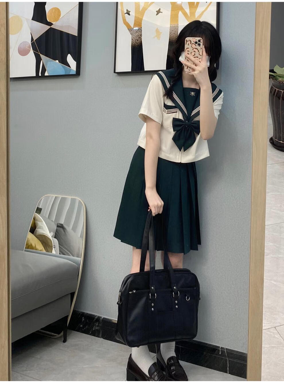 水手服胡桃木jkjk制服水手服女校供感上衣 墨绿奶白 秋夏 长裙 xs