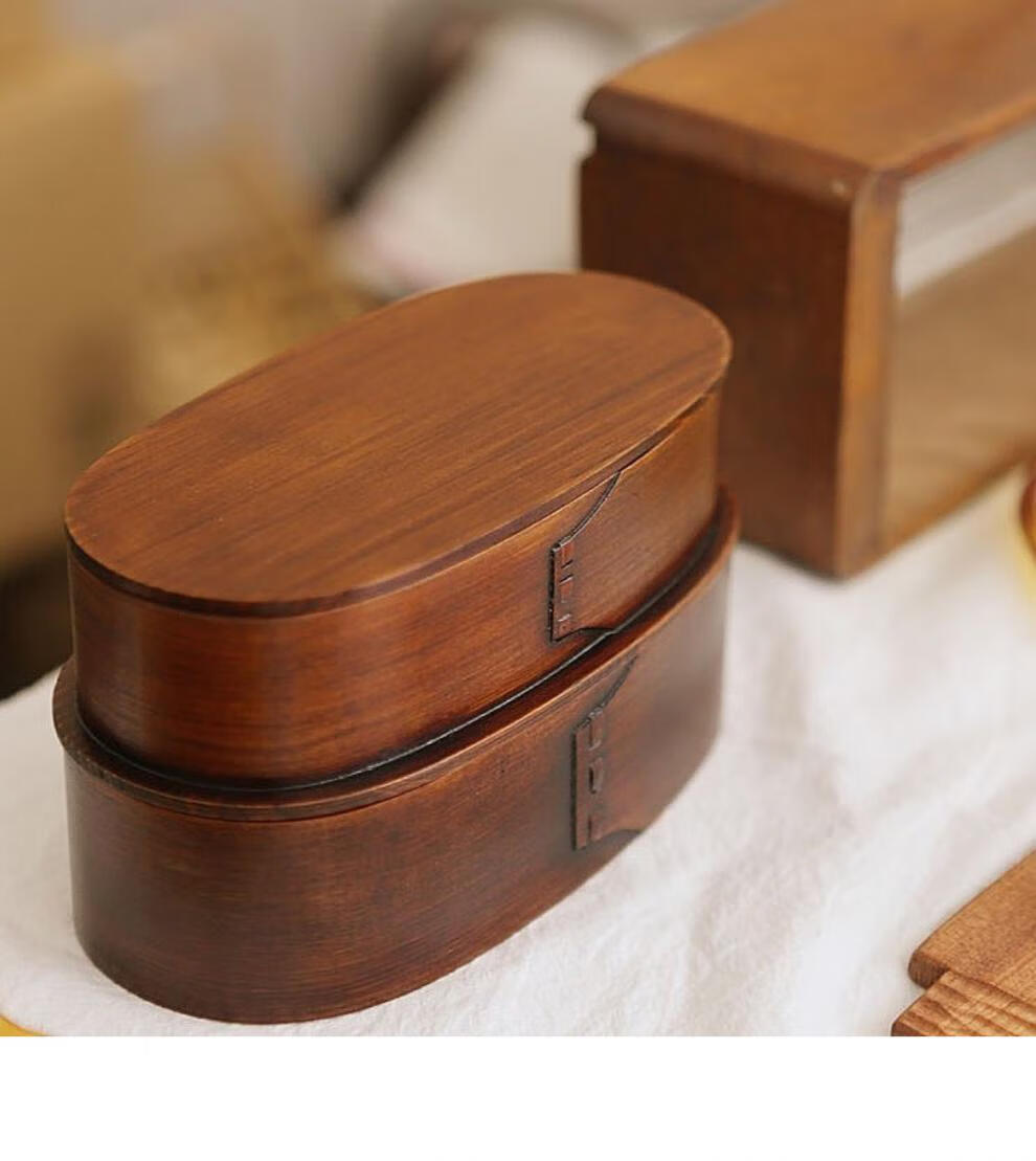日式ins手提便当盒实木和风野餐饭盒复古木质古风多层寿司餐盒浅茶色