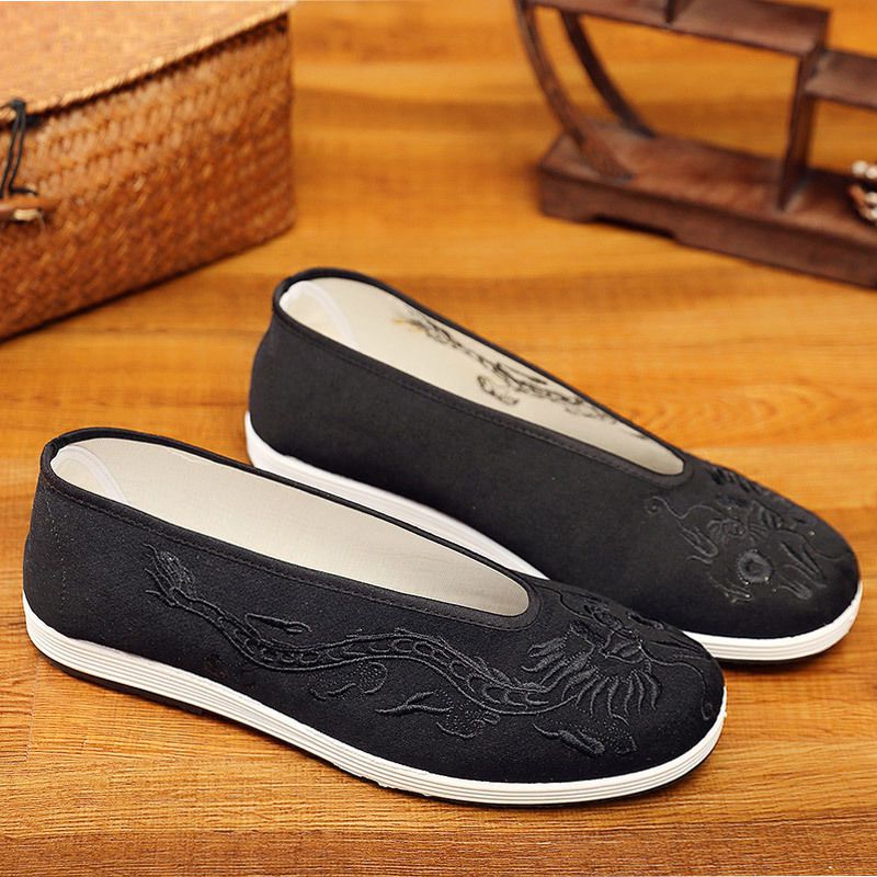 唐装鞋子男北京布鞋透气软底刺绣龙男鞋子中国风复古汉服圆口爸爸鞋