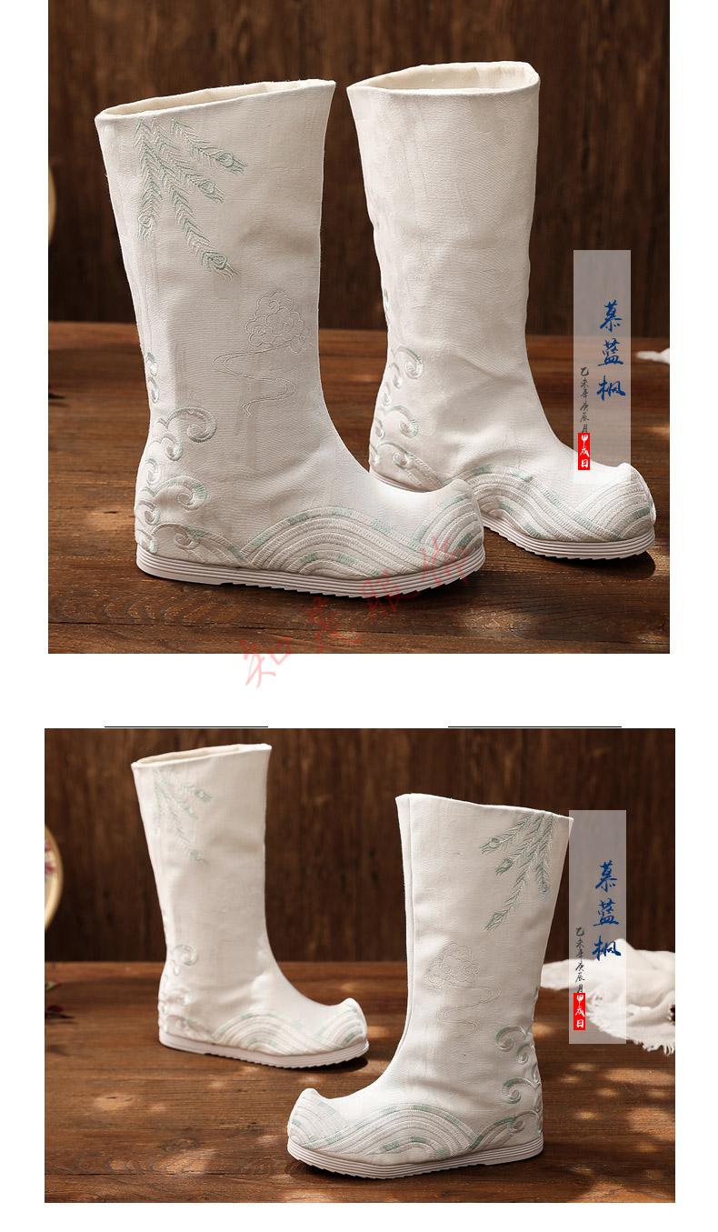 古装汉服鞋靴子男款皂靴春夏轻薄翘头防水橡胶底平跟古代绣花官靴fga