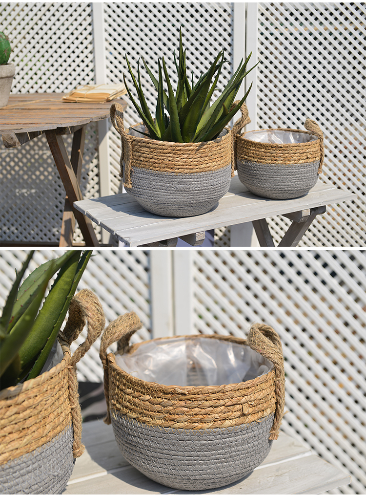 草编花盆北欧ins风格手工藤编创意田园绿萝多肉编织绿植装饰花篮a款半
