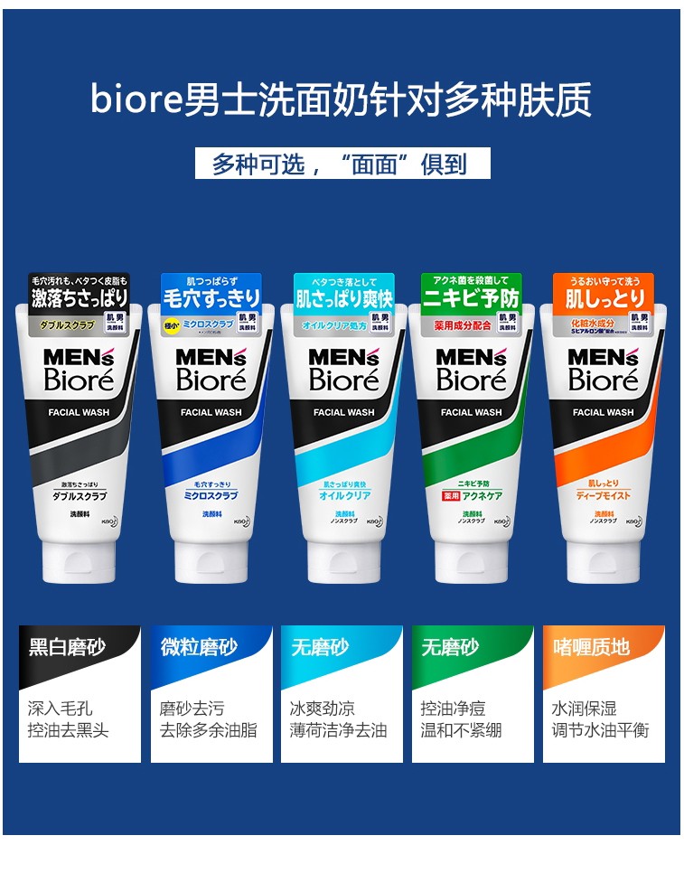 碧柔（Biore）男士洗面奶 日本原装进口mens控油磨砂祛痘保湿清爽洁面乳 冰凉薄荷 130g