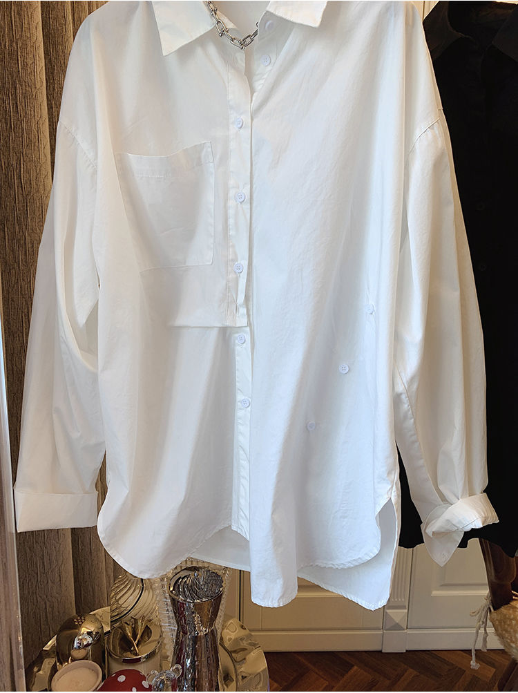 abcrcy日系原单衬衣女日本设计师小众错位纽扣造型两穿宽松长袖衬衫女