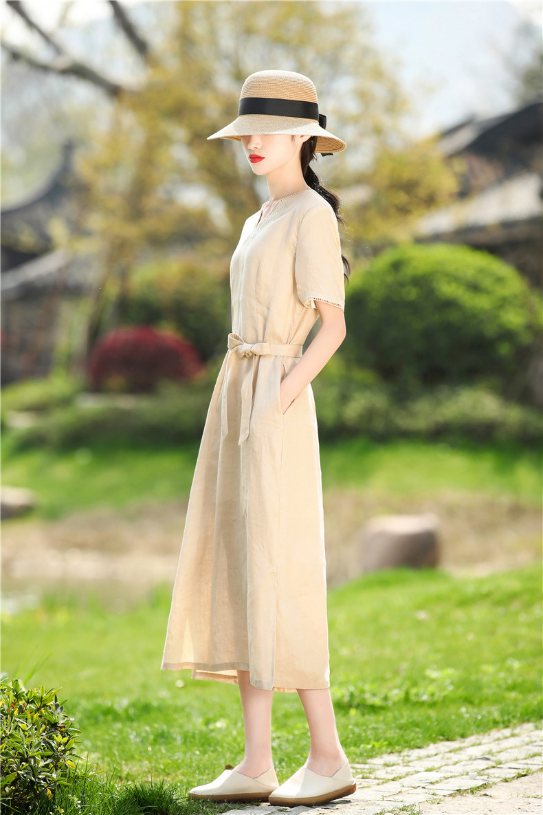 素订棉麻女装官方素素杭州中长款刺绣收腰显瘦v领亚麻连衣裙夏天薄款