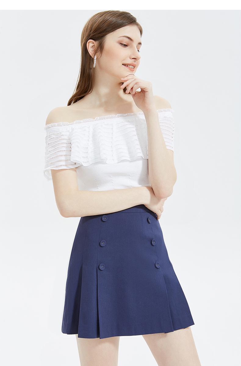 fiveplus新款女装一字领针织衫女修身荷叶边上衣短款露肩黑色090m