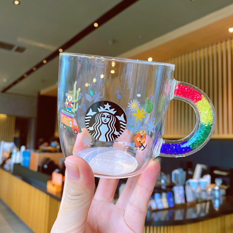 星巴克透明水杯限量2021蜜蜂小熊款带爱心杯盖把手玻璃杯少女 355ml载