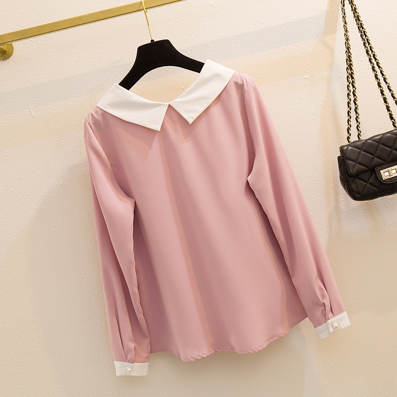 美衣 娃娃领雪纺衬衫女长袖2021春装新款宽松百搭韩版衬衣洋气女士