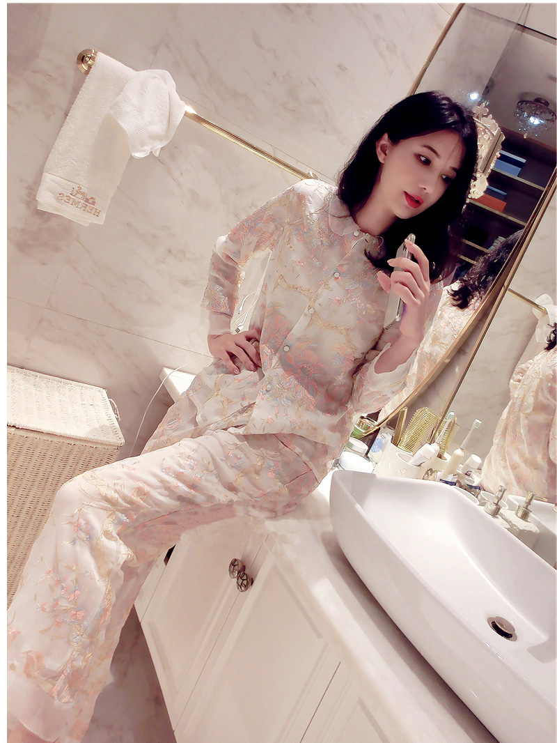 恒源祥专卖仿真丝睡衣女秋新款蚕丝绣花吊带长袖睡裤三件套丝绸套装