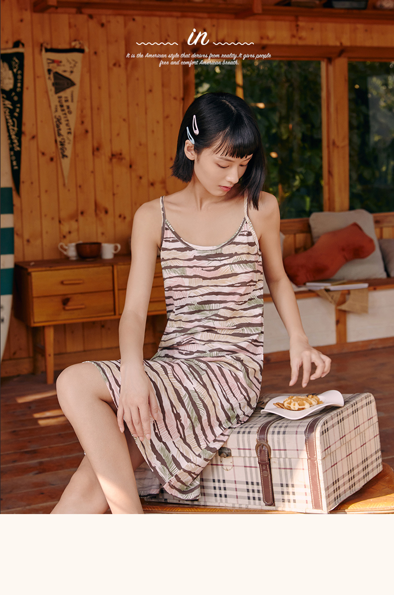 三枪睡裙女背心纯棉2022春夏新品印花透气甜美可爱女士吊带家居睡裙绿