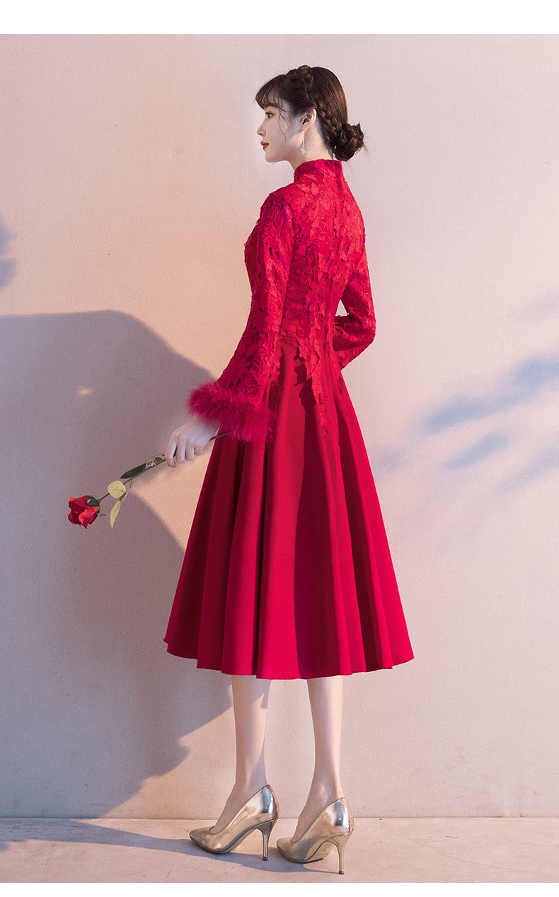 小个子新娘冬季迎宾敬酒服酒红色冬季加厚冬天旗袍结婚晚礼服裙女 酒