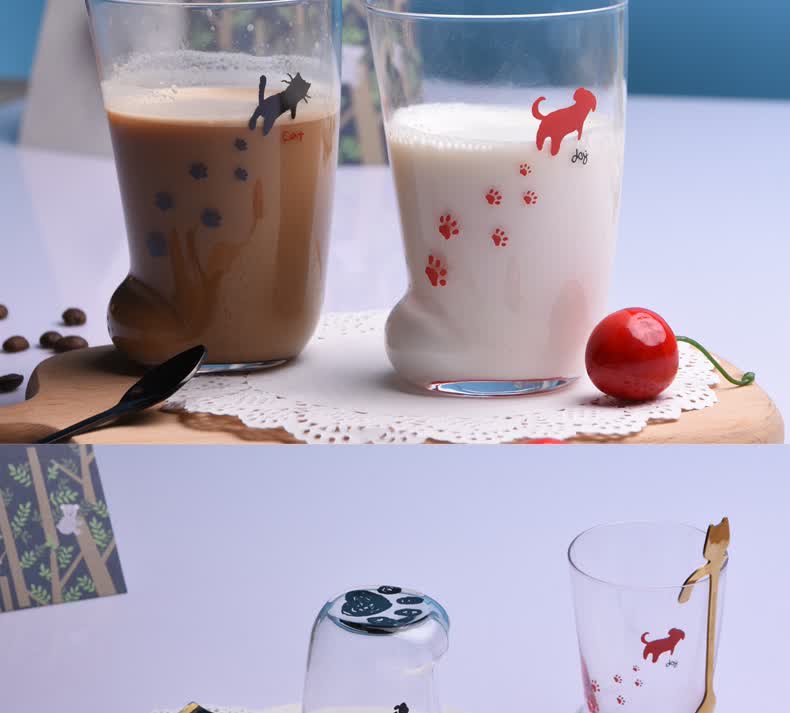 丰陶张生 创意动物猫脚玻璃杯 日式磨砂猫爪牛奶果汁玻璃杯啤酒饮料