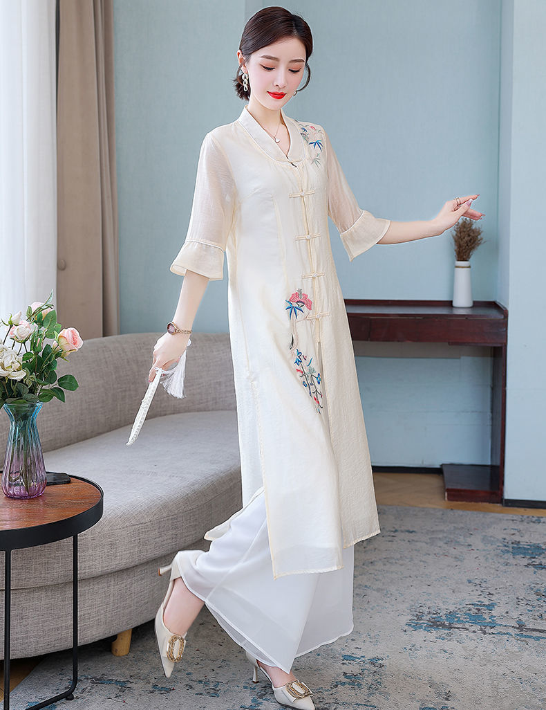 禅茶服茶艺服装女中国风复古中式禅意茶服改良旗袍盘扣上衣茶艺师服装